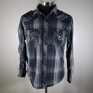 Machine Shirt Mens Medium Western Cowboy Rodeo Pearl Snap Gray Plaid Long Sleeve